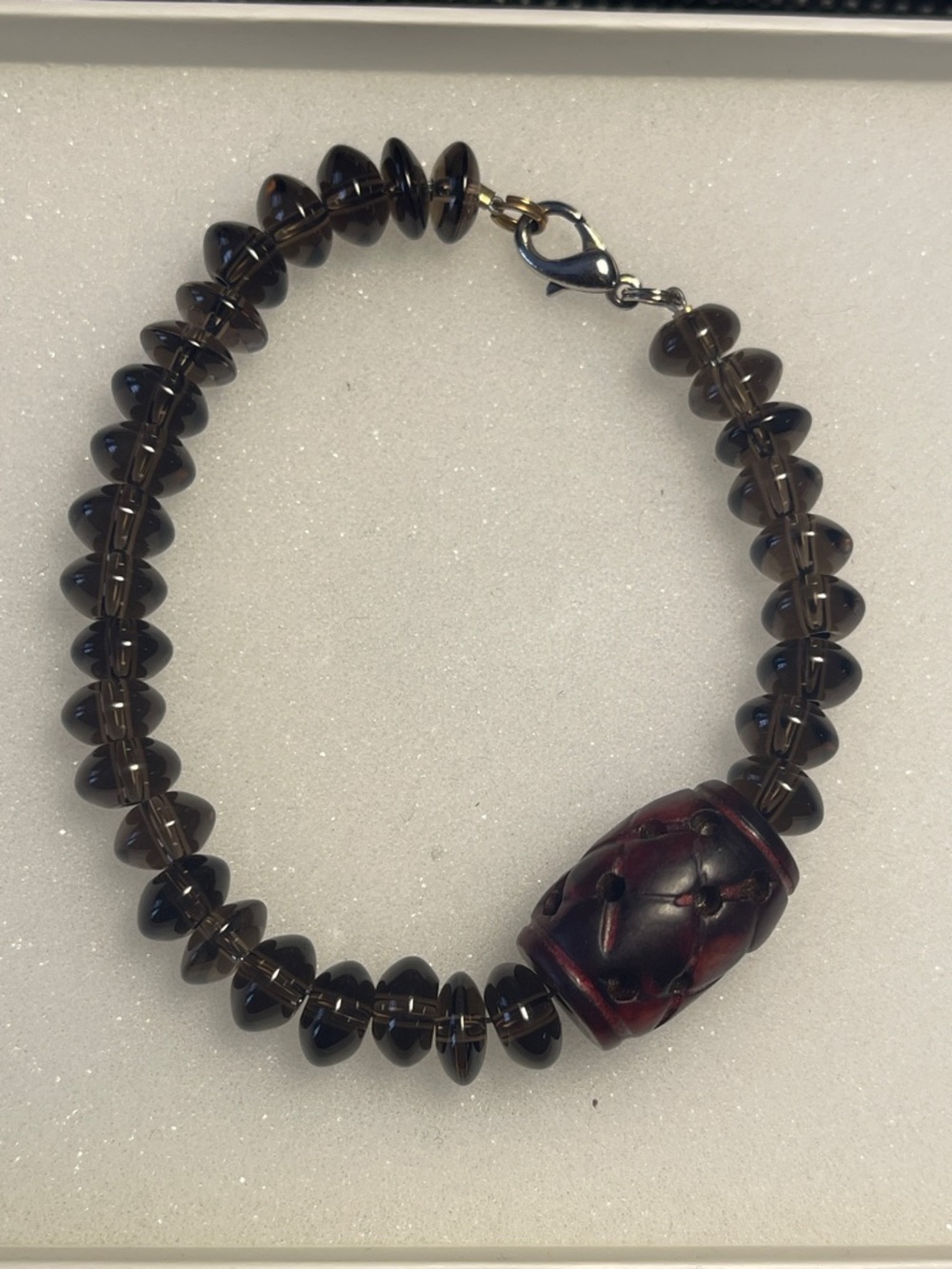 Smoky Quartz beaded bracelet with lobster clasp and accent bead - 7 3/8 long
